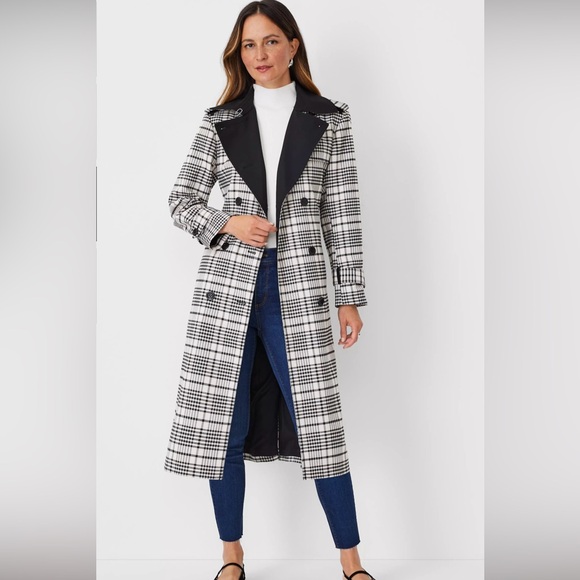 NWT Ann Taylor Twill Plaid Trench Coat Size L - Picture 2 of 7